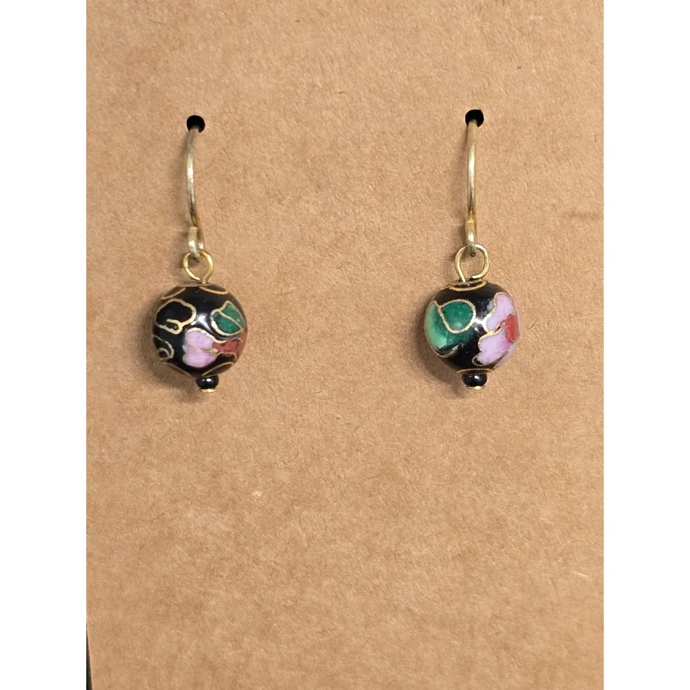 Vintage Cloisienne Floral Bead Drop Earrings Black Enamel Gold Tone French Wire